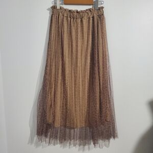 ReVamped Brown Leopard Print Tulle Midi Skirt Sz M Sheer Accordion Anima…